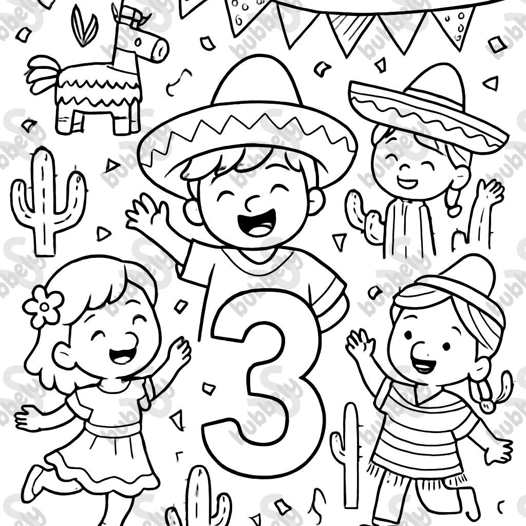 Fiesta themed coloring page for a 3rd birthday