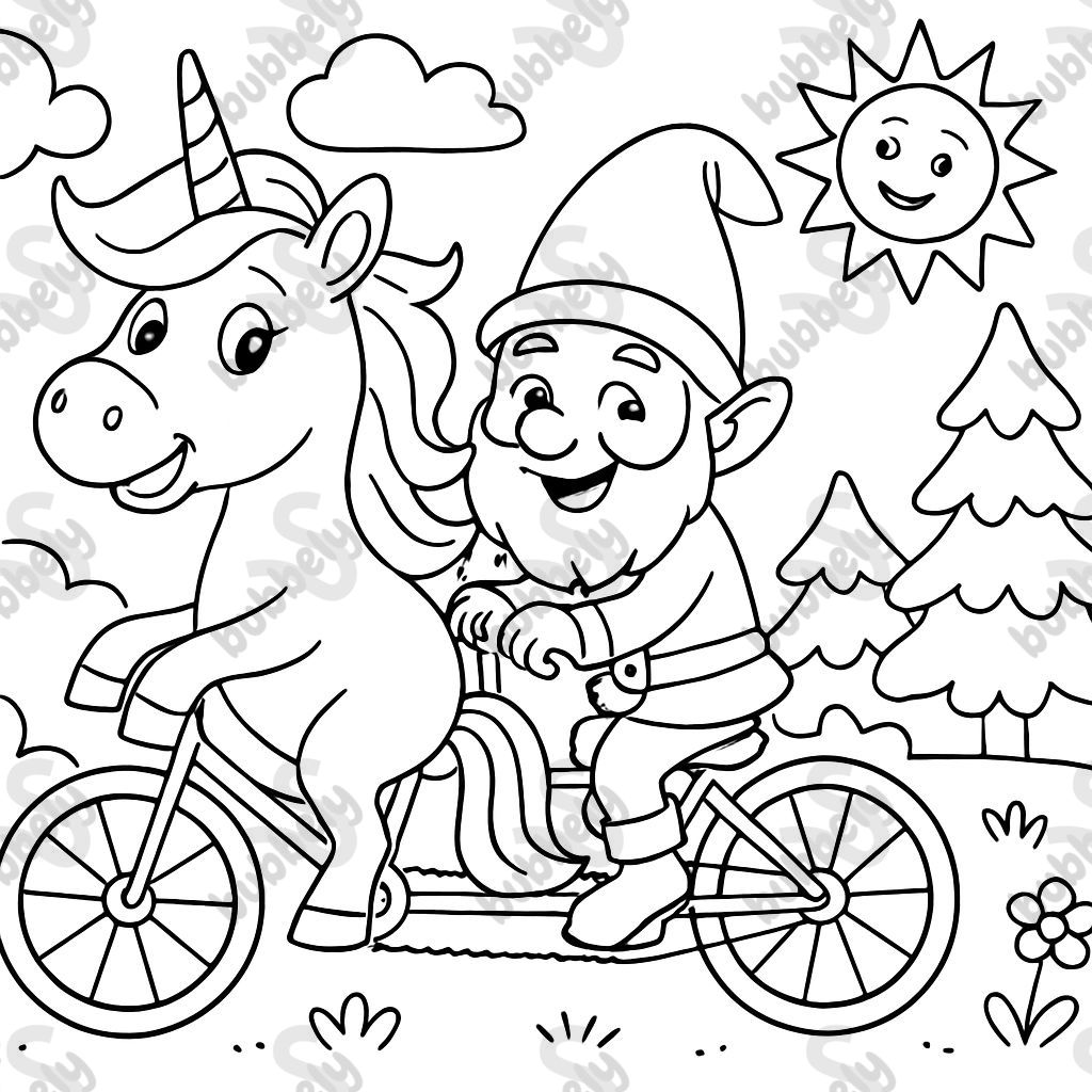 Une licorne et un lutin font du vélo en tandem