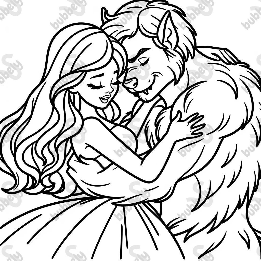 A woman hugging werewolf man