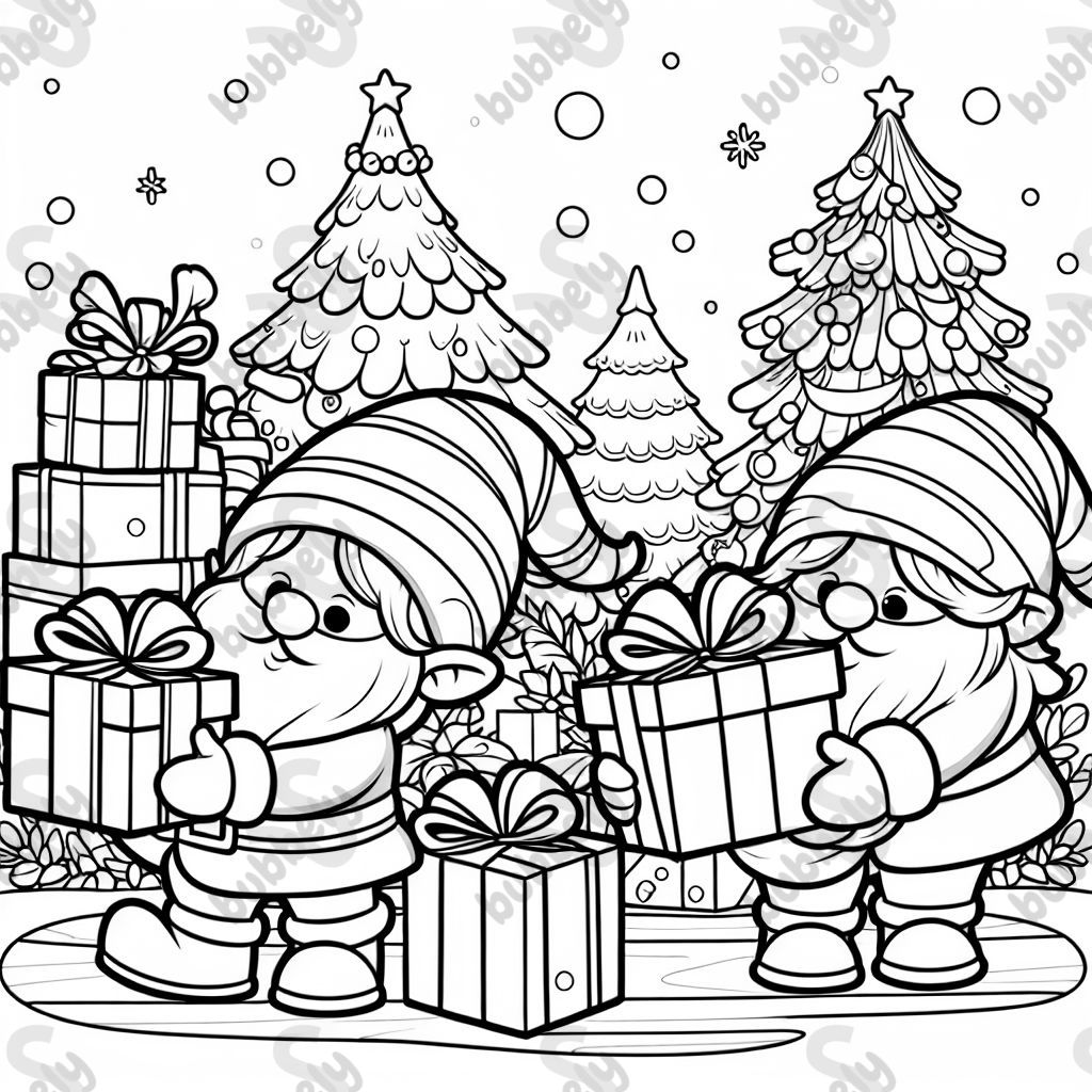 weihnachtswichtel die Geschenke tragen und einpacken. Weihnachtsbaum im Hintergrund