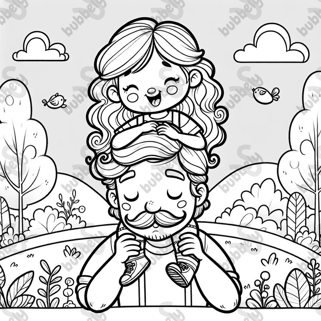 Toddler girl with wavy hair on dad’s, with mustache and wavy hair, shoulders