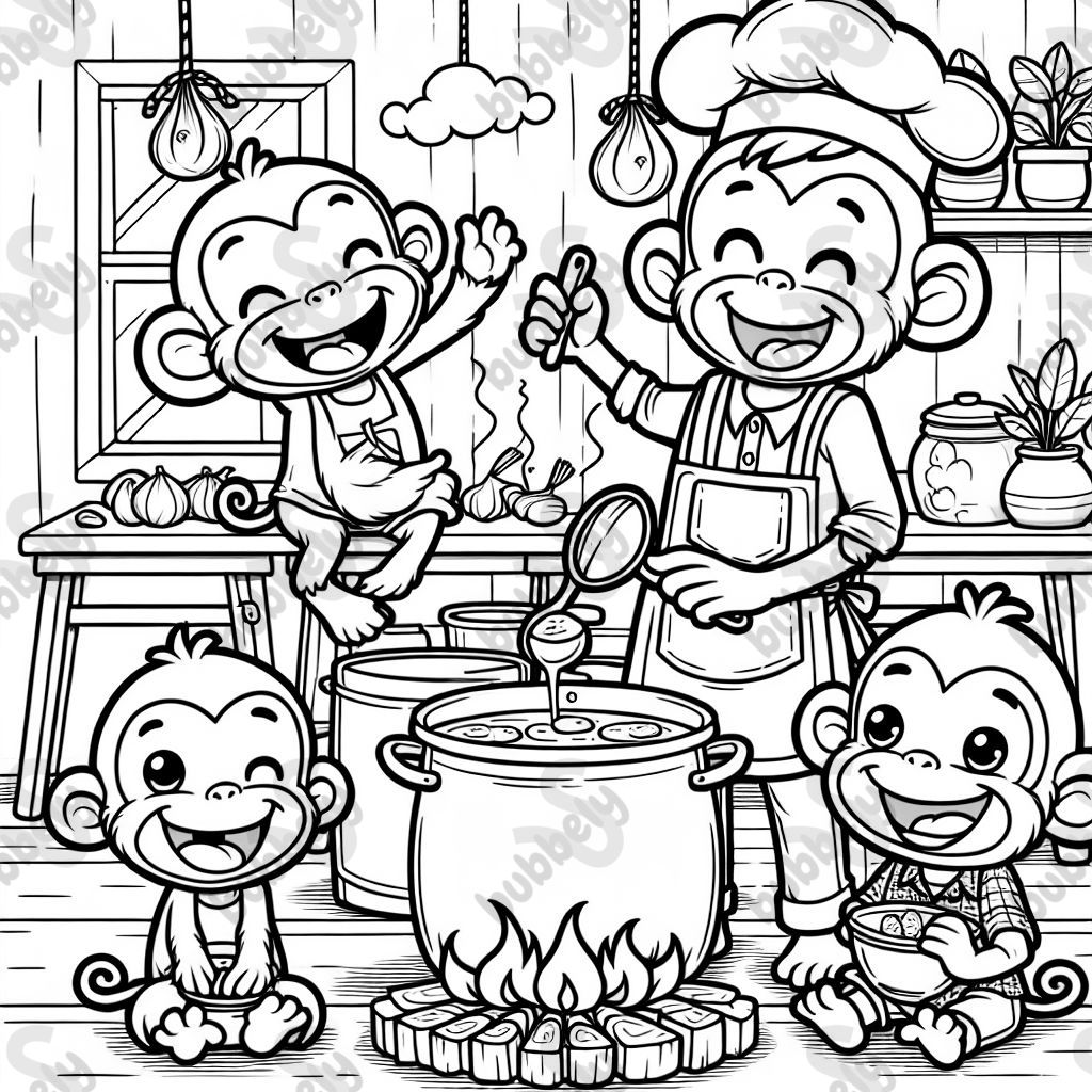 A draft cooking dinner for a family of monkeys.