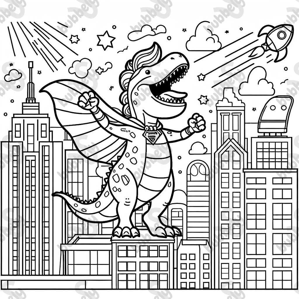 a dinosaur in the style of Batman watching over a city