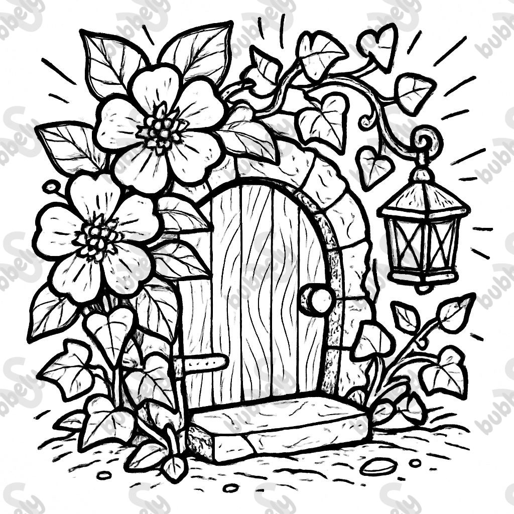 Coloring page, detailed view of a small round fairy door on the ground. The door is surrounded by flowers and ivy. A small lantern hangs nearby. Thick simple black lines, please draw the texture in gray. Line art style. White background.