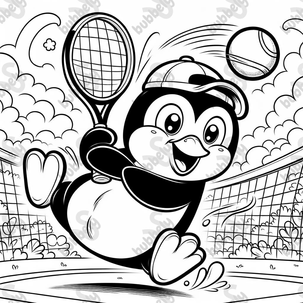 A penguin playing tennis