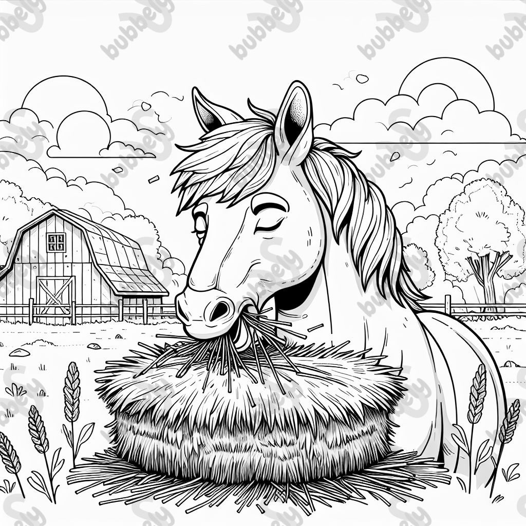 Un cheval mangeant du foin les yeux fermés.