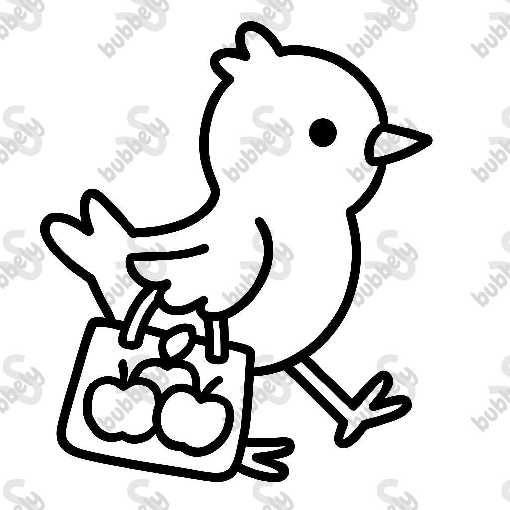 A bird going to the shops to buy apples.