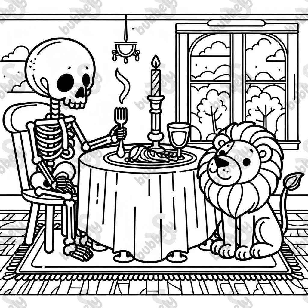 A skeleton sitting down to dinner with a lion A skeleton sitting down to dinner with a lion