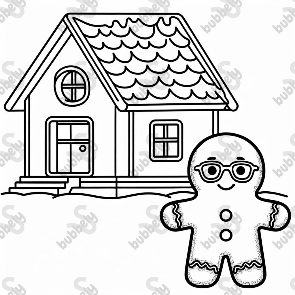 ein Lebkuchenhaus mit Beinen und Armen auf dem Dach und Brille