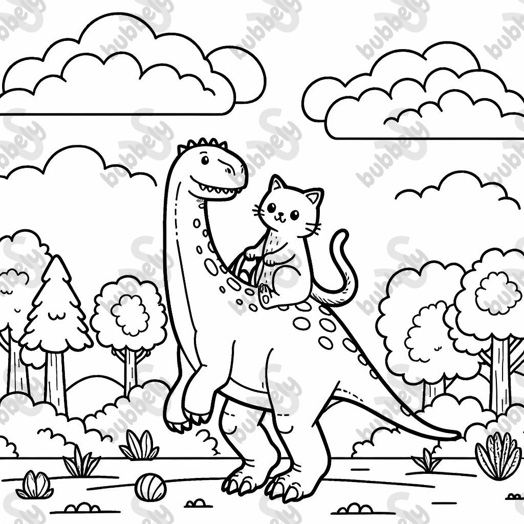 a cat riding on a dinosaur