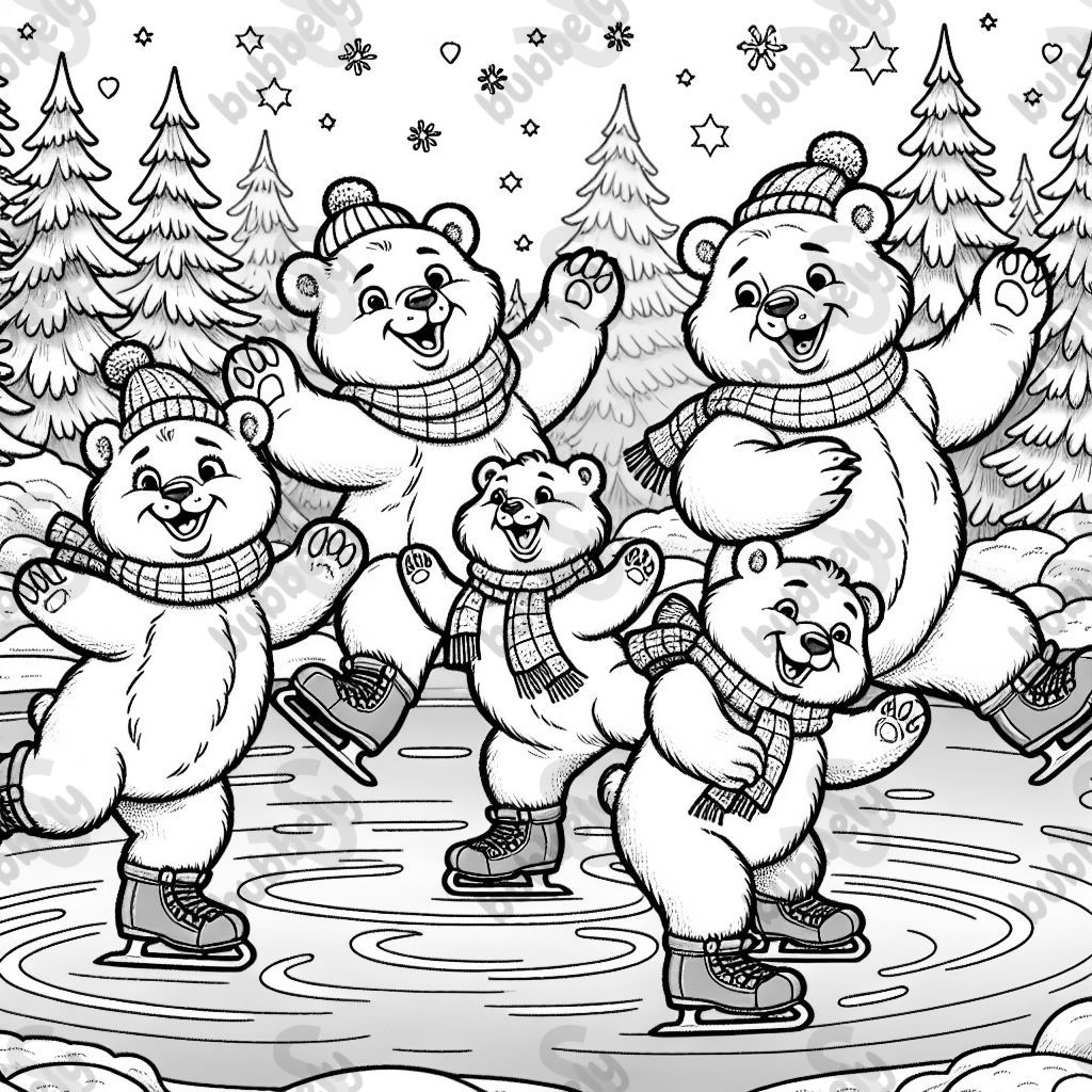 bears ice skating on a frozen pond