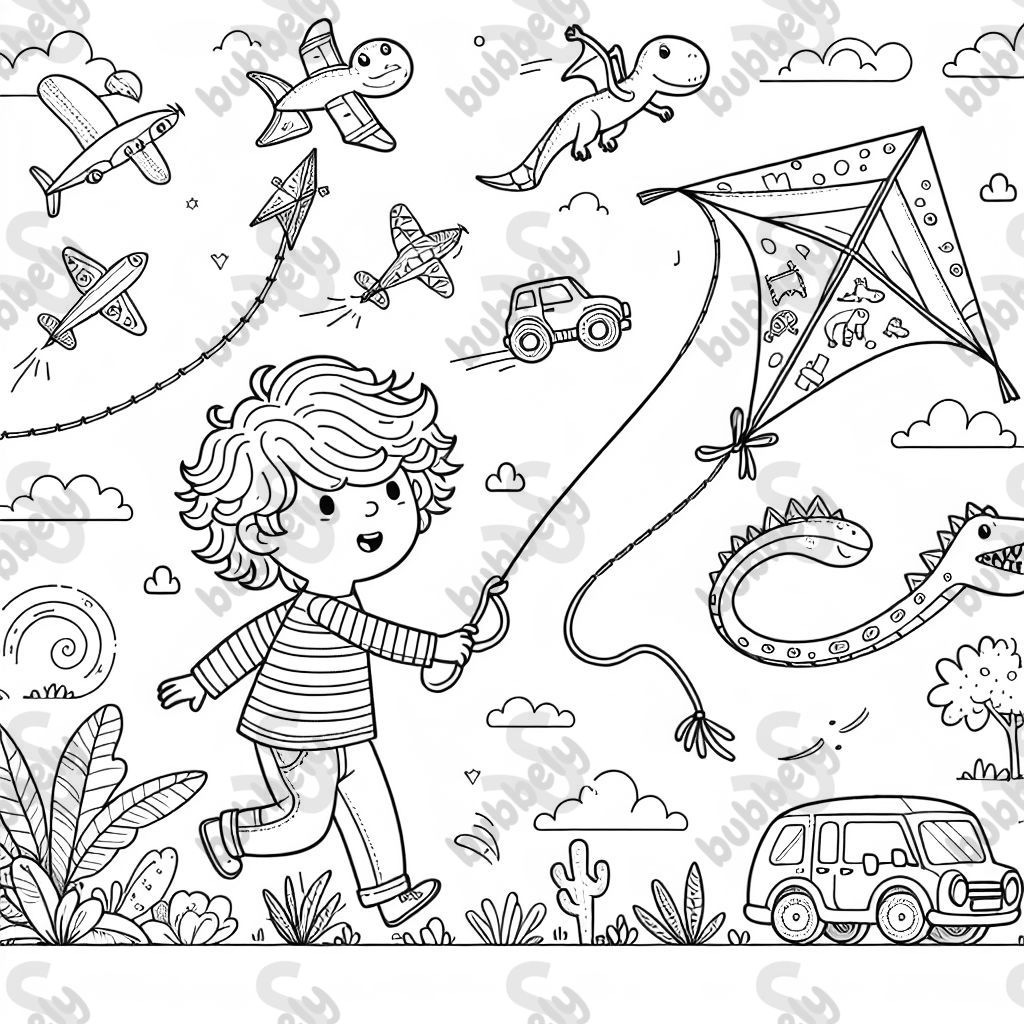 A boy with wavy hair flying a kite decorated with dinosaurs and cars 