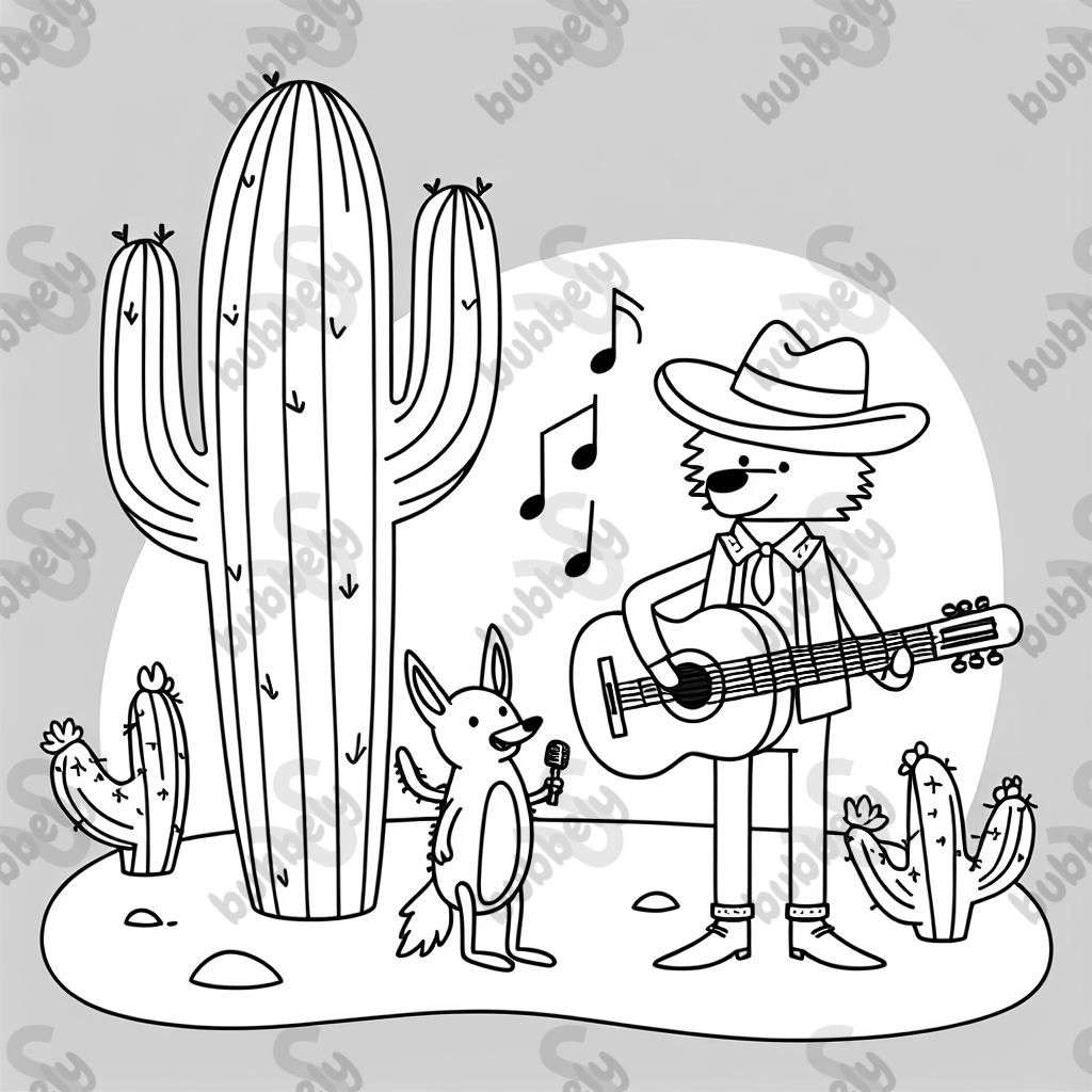 a cactus playing guitar in the the desert with a singing coyote