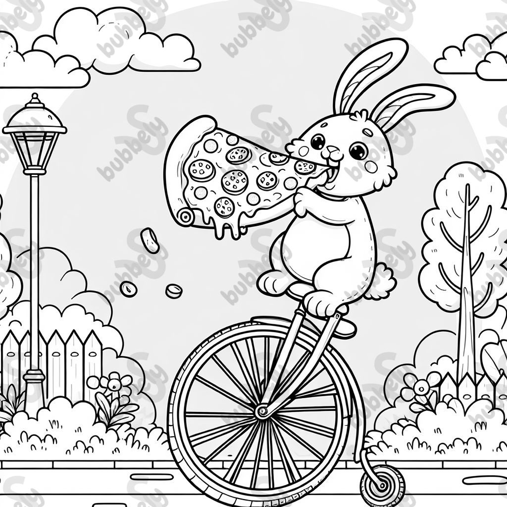 Einen osterhasen der eine Pizza isst und Einrad fährt