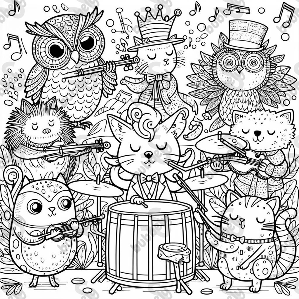 a music band made up of animals: owls, hedgehogs, cats, frogs, and a frog as the conductor
