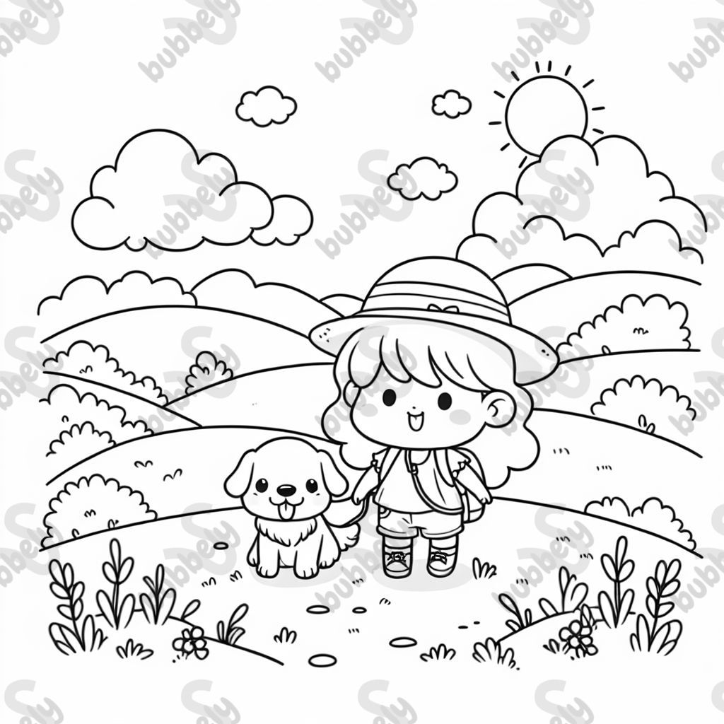 A cute girl and a golden retriever hiking in the plains.