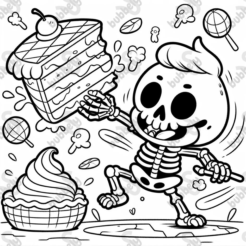 Skelett das gegen ein Kuchenstück kämpft 