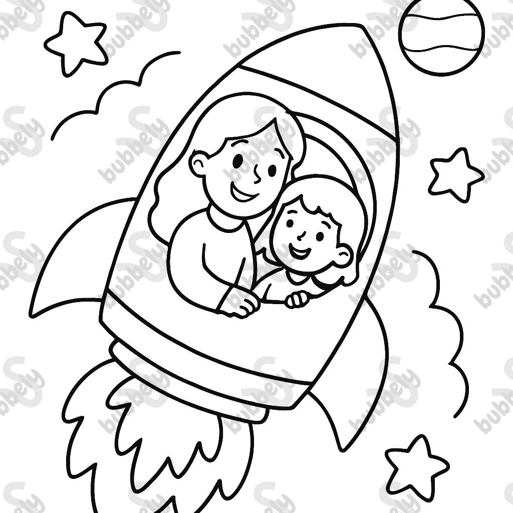 Mom and daughter in a rocket ship