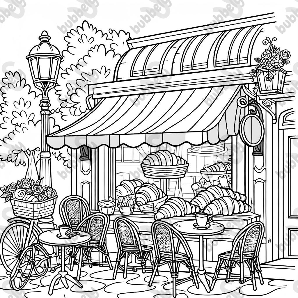 a Parisian café from the outside where you can see a croissant and a coffee