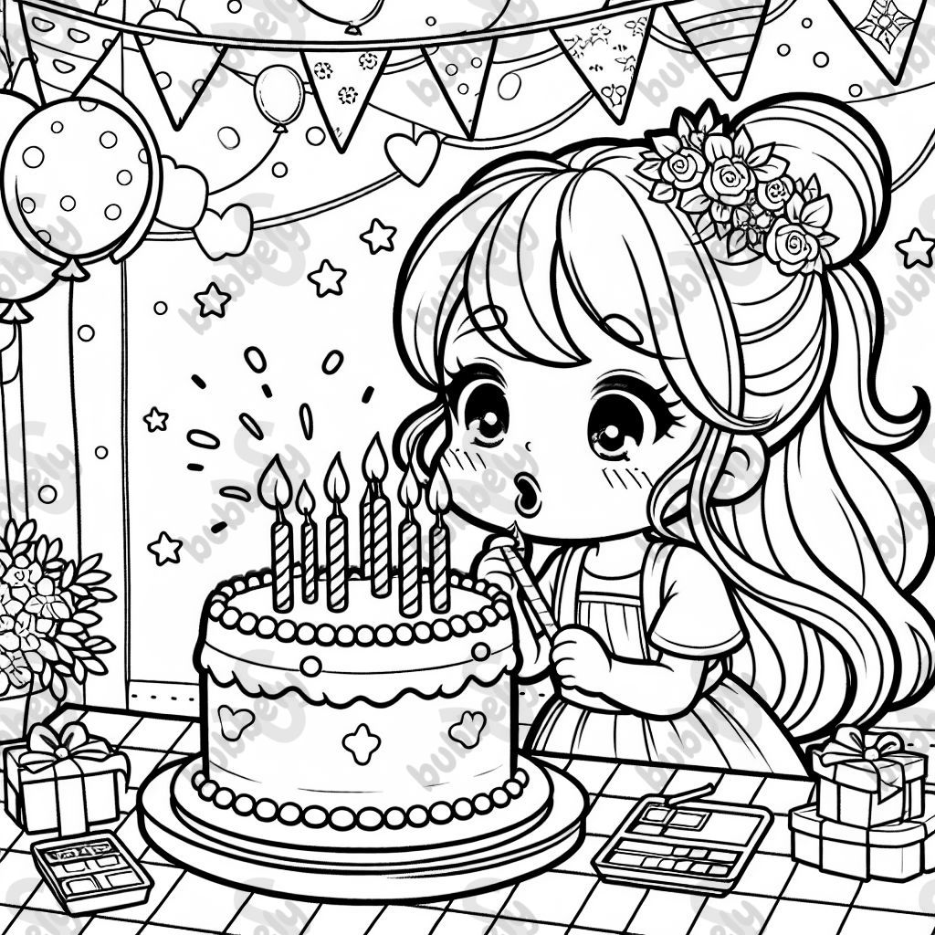 A little girl at her birthday party blowing out candles on a birthday cake