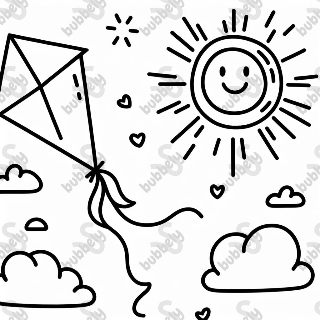 A paper kite flying high in the sky, surrounded by the sun and clouds. Perfect for coloring and creative minds.