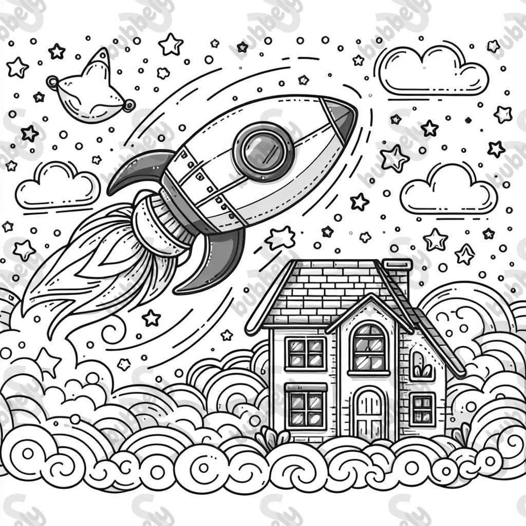 A rocket ship flying through space and crashing into a house