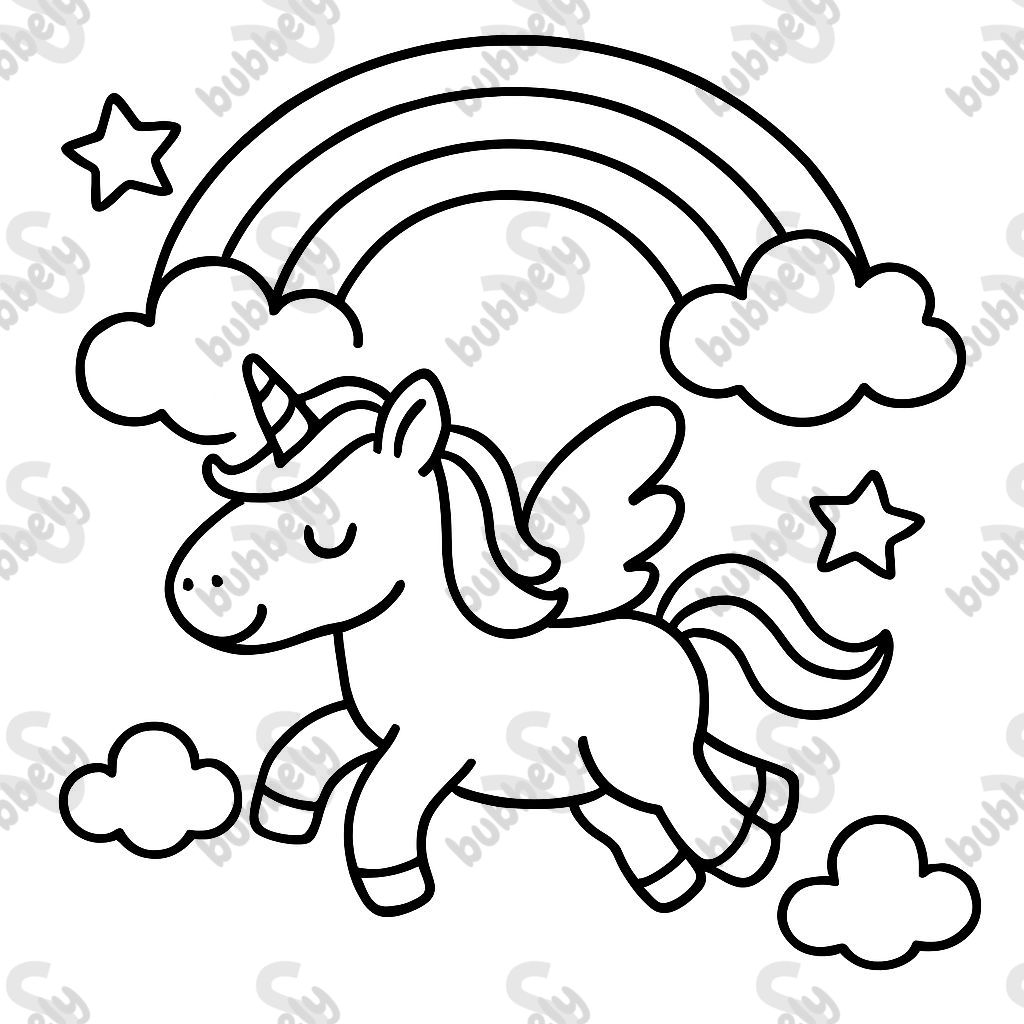 A unicorn flying under a rainbow