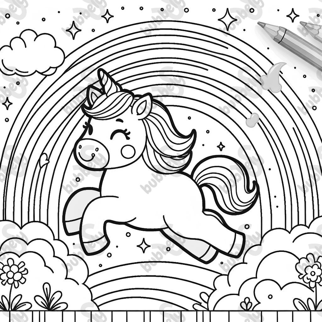 A unicorn running through a rainbow