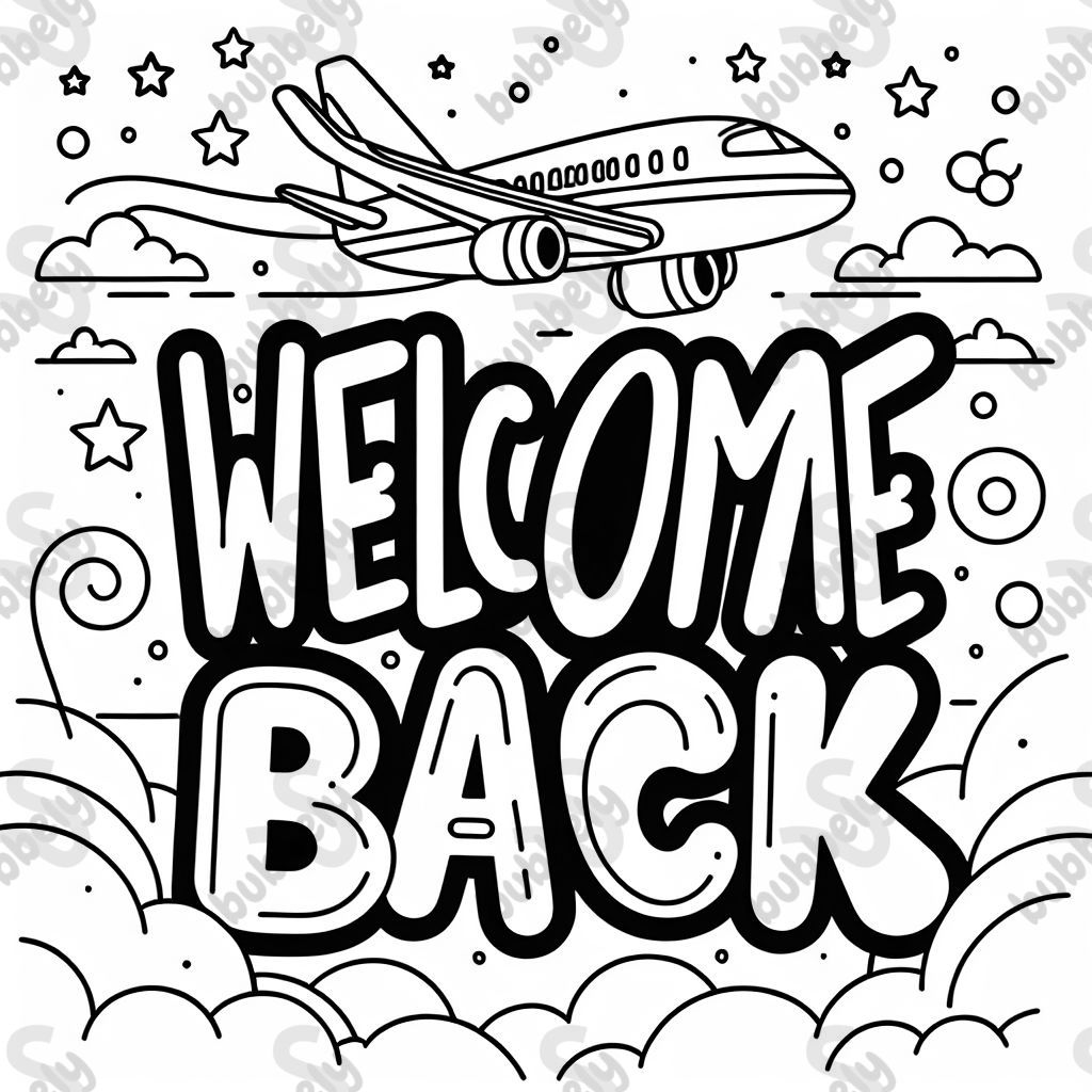 lettering that says "Welcome Back" with a jet