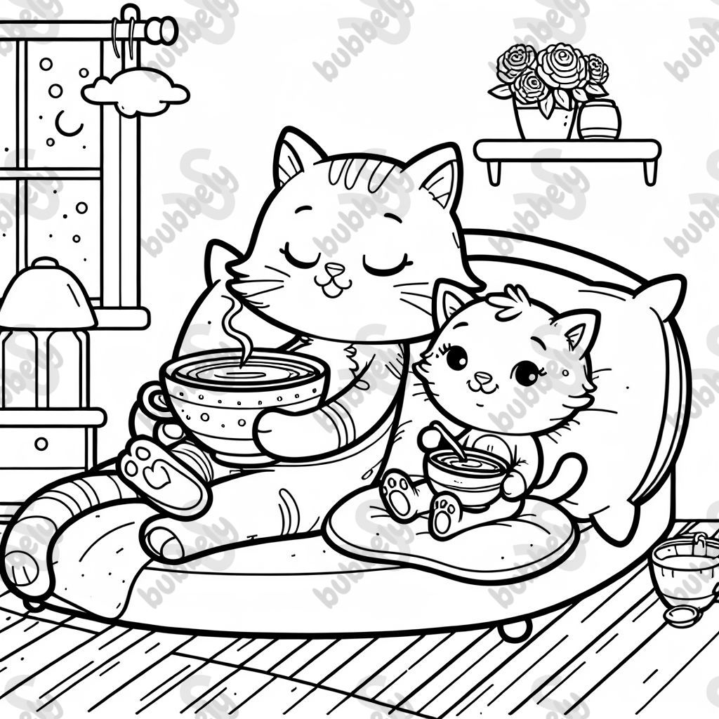 A cat mama relaxes with her kitten in bed, both enjoying a cup of tea.