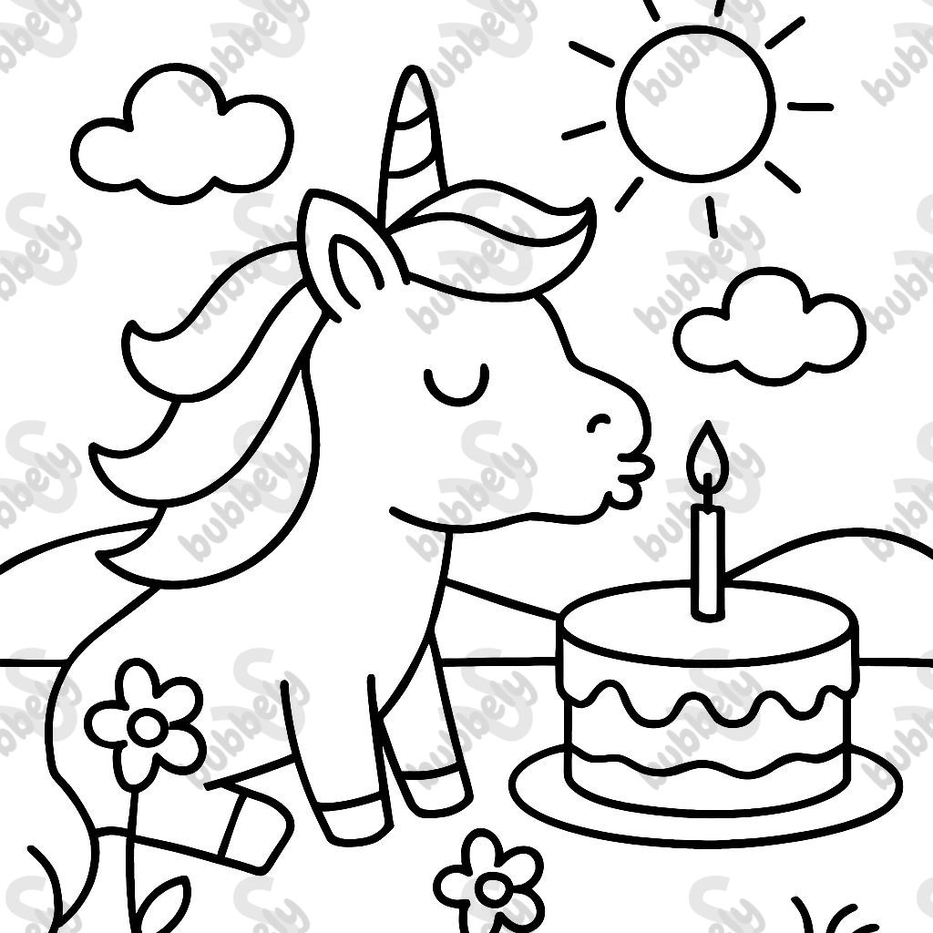 A Sunny Unicorn blowing out birthday cake