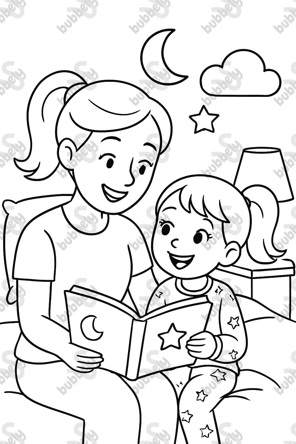 Mom with a ponytail, t-shirt, and eyelashes. Reading a storybook to a 6 year old girl with a ponytail. Wearing pajamas, at bedtime. Mom with a ponytail, t-shirt, and eyelashes. Reading a storybook to a 6 year old girl with a ponytail. Wearing pajamas, at bedtime.