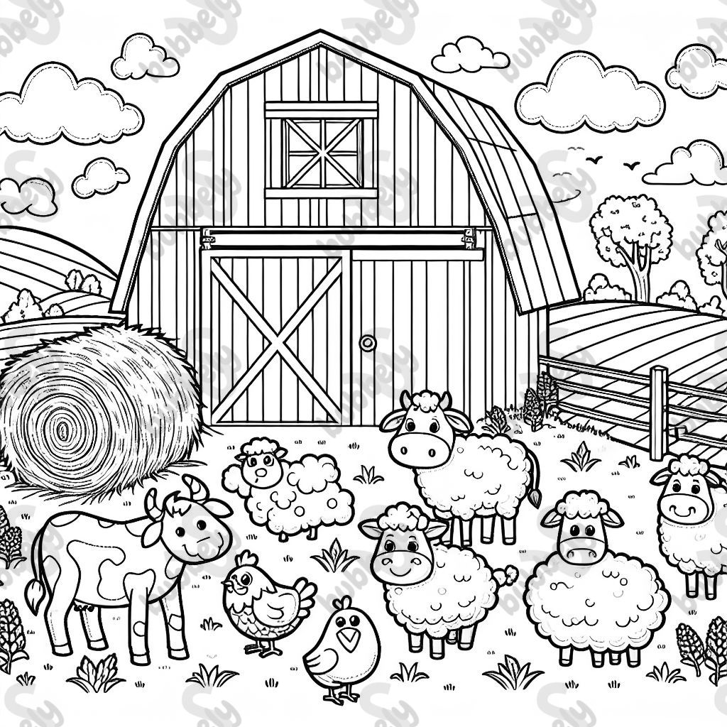 Farm animals and a barn