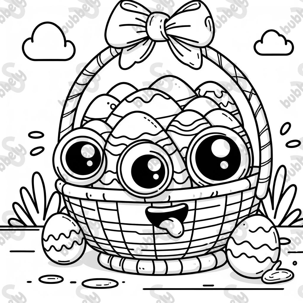 Basket with mouth and eyes with eggs in the basket and a bow