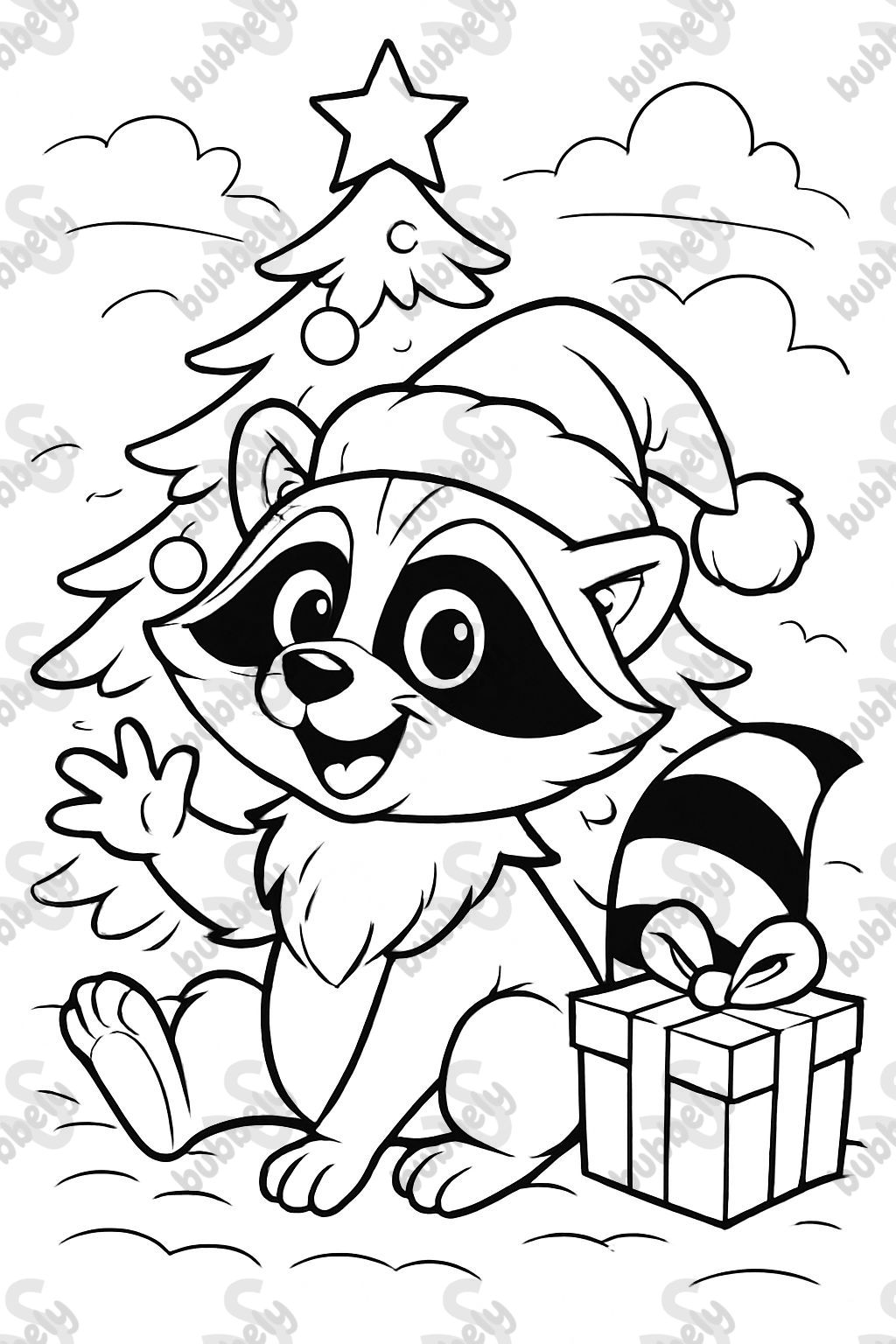 a raccoon with a Santa hat under the Christmas tree