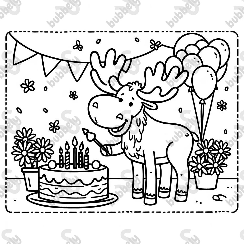 a moose is celebrating a birthday with cake, flowers, and balloons