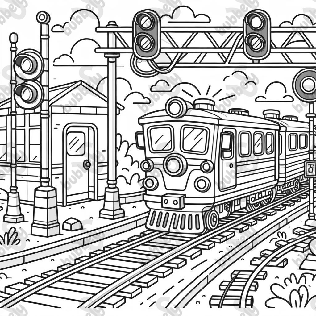 Zug mit Schienen und Bahnsignalen