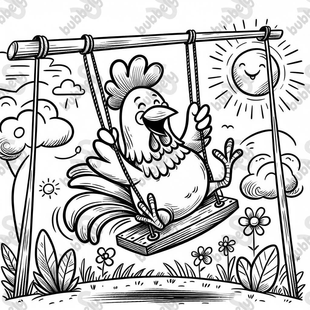 a rooster on a swingset