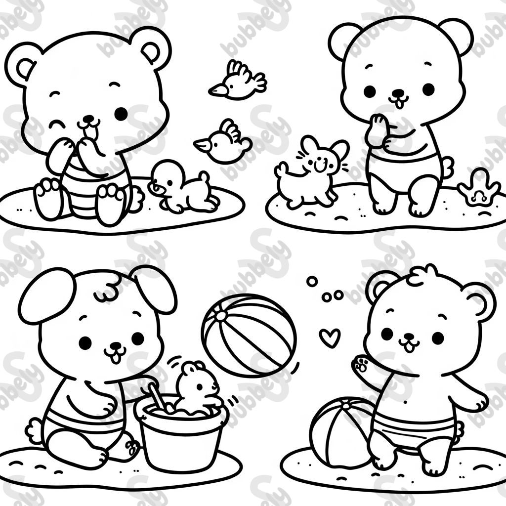 Bébés animaux jouant sur la plage Bébés animaux jouant sur la plage