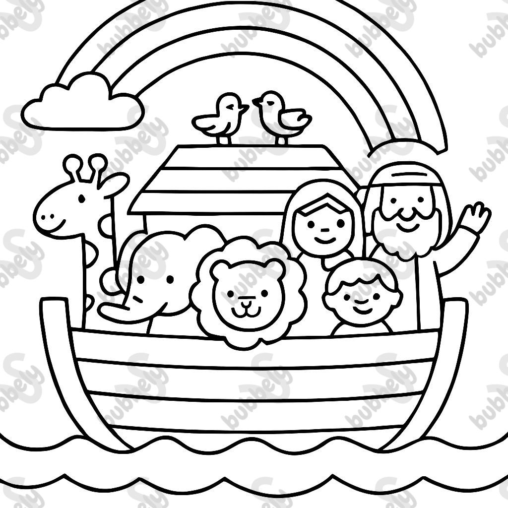 Noah's Ark with many animals, rainbow, and Noah and his family