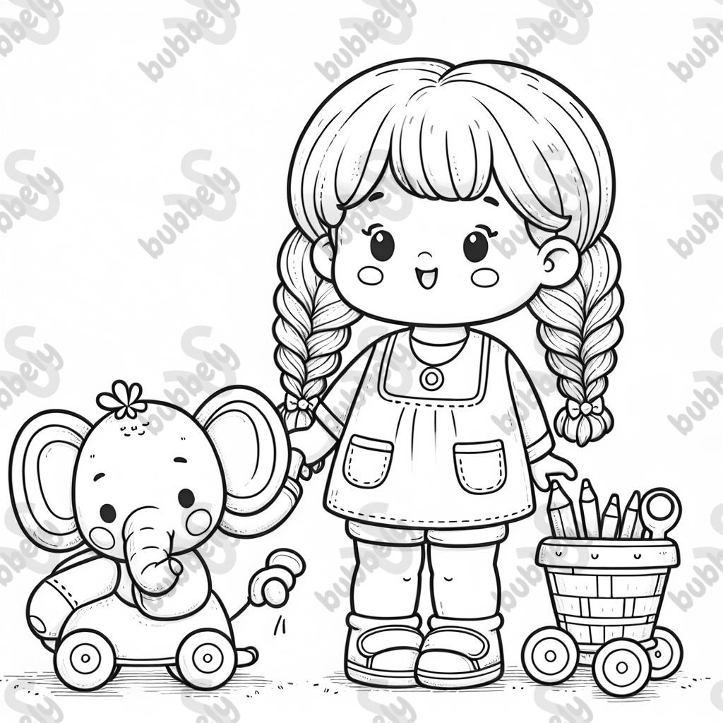 a girl with two pigtails, a plush elephant, and a balance bike