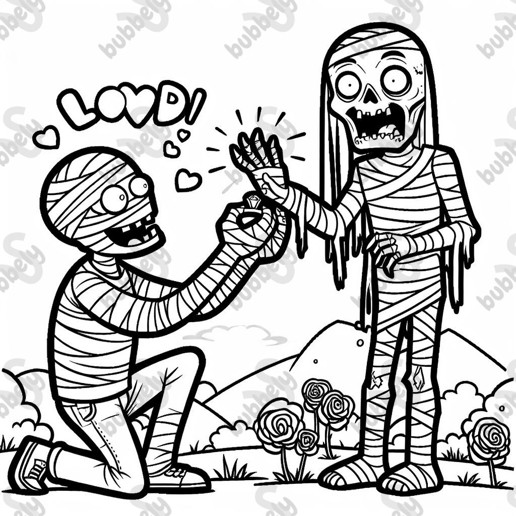 mummy proposing to a zombie with a ring on a severed hand