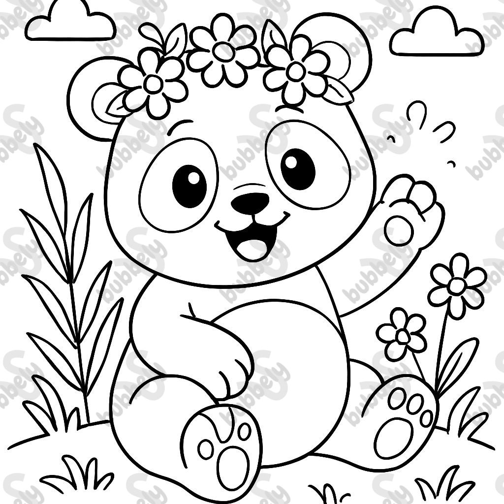 A panda with a flower crown