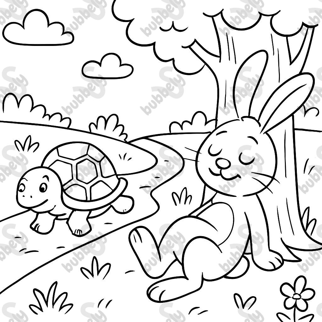 Le lièvre endormi s'appuie contre un arbre pendant que la tortue passe à côté. Le lièvre endormi s'appuie contre un arbre pendant que la tortue passe à côté.
