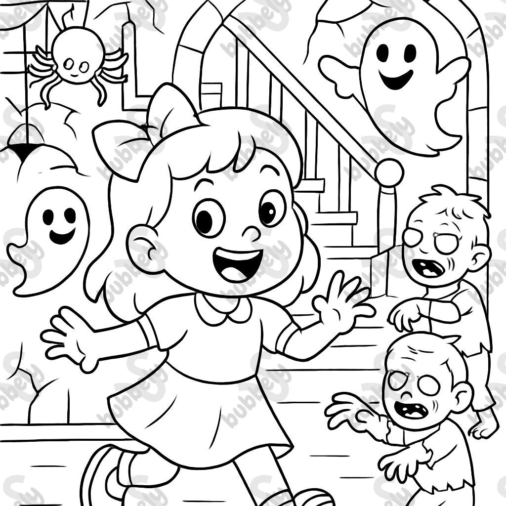 A little girl in a haunted house with spiders and ghosts and a staircase and zombies inside. A little girl in a haunted house with spiders and ghosts and a staircase and zombies inside.