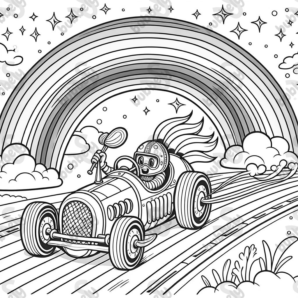 racecar driving on a rainbow road