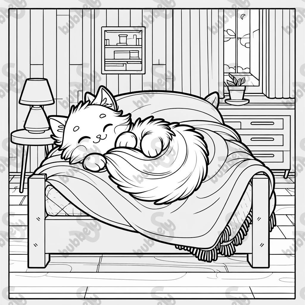 A fluffy cat sleeping on the bed