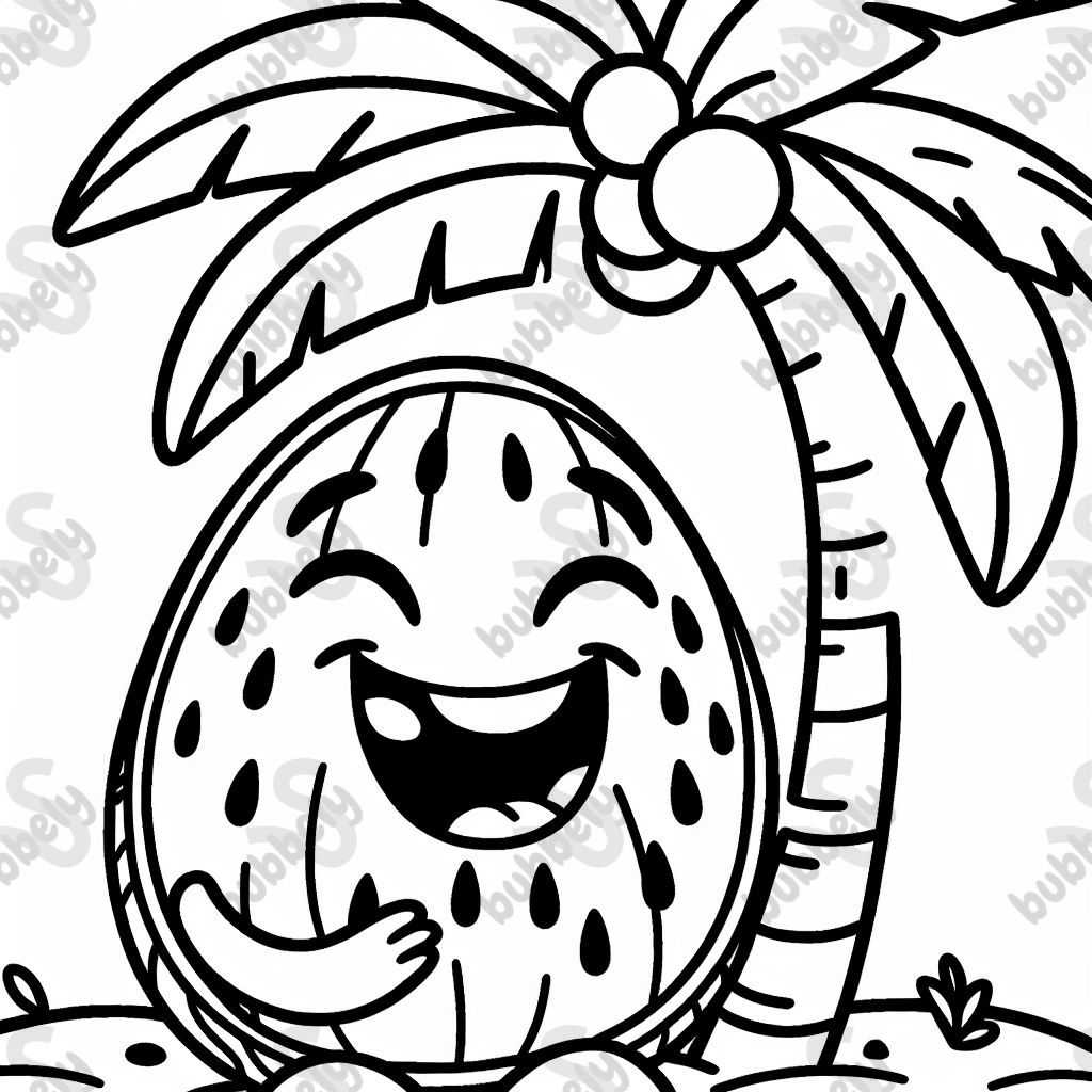 a smiling watermelon under a palm tree