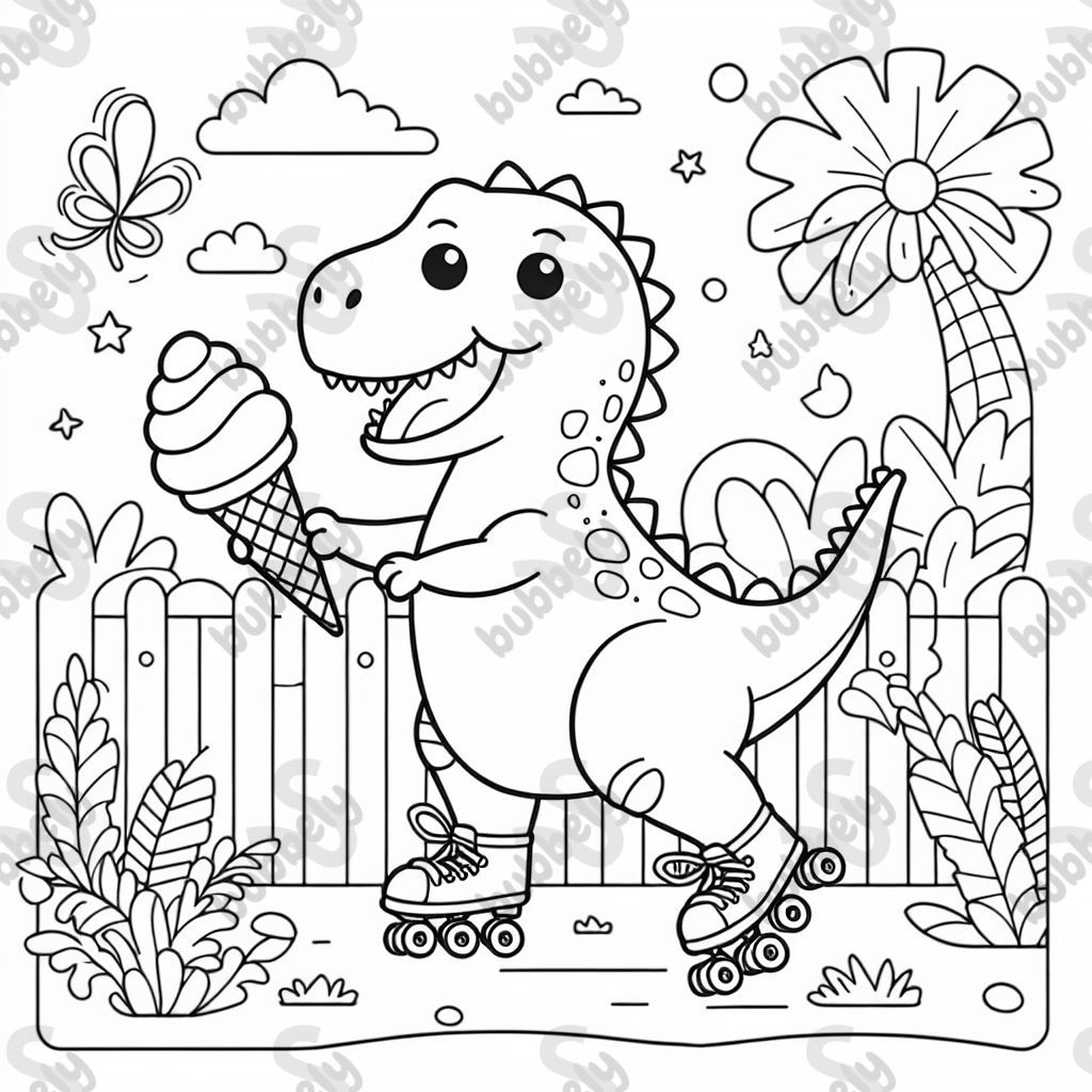 Ein T-Rex auf Rollschuhen mit einer Eistüte in der Pfote 