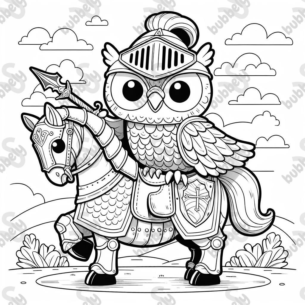 Owl in knight armor riding on an alpaca
